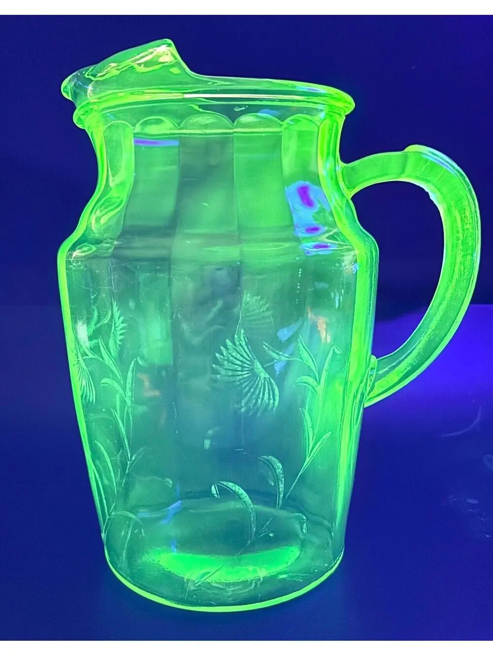 Vintage Uranium Glass Pitcher Green Etched Floral UV Reactive Depression Era